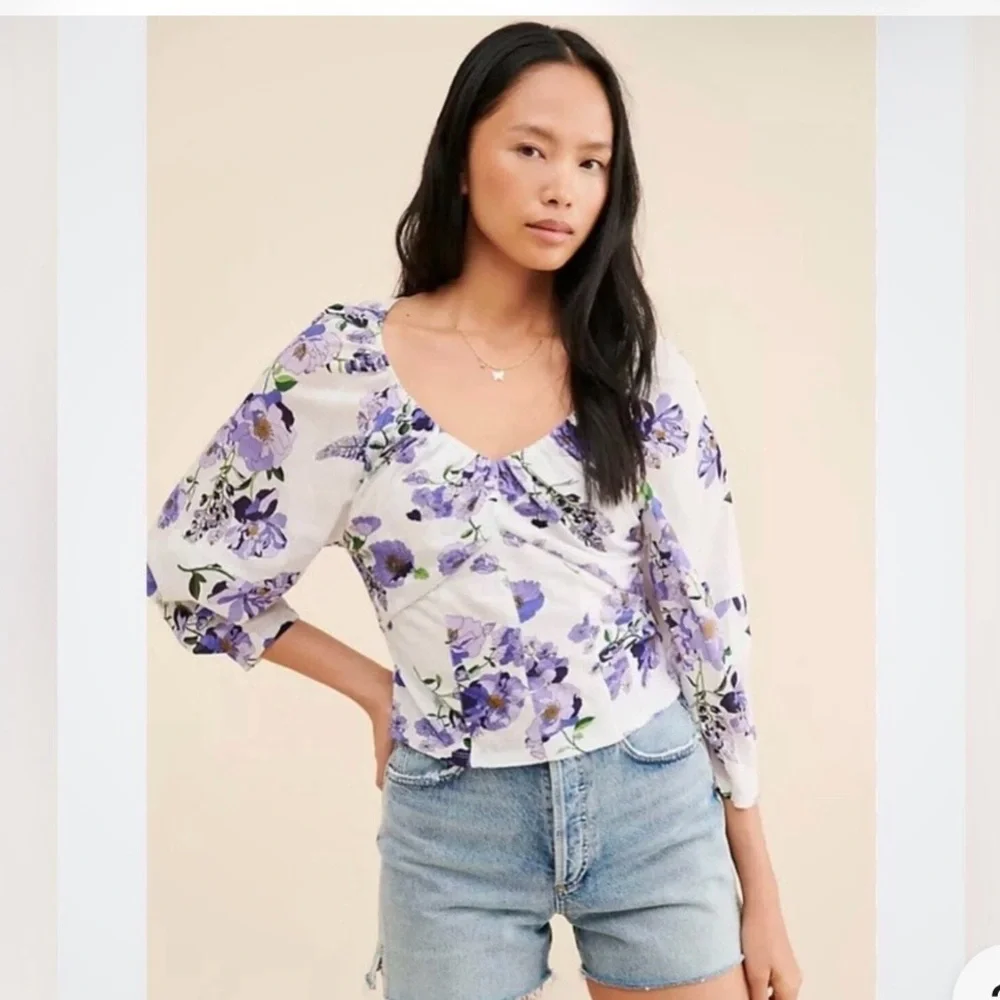 Anthropologie White Purple Floral Sweetheart VNeck Puff Sleeve Blouse Lg petite